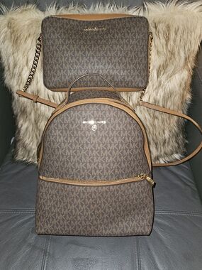 Michael Kors Brown Signature MK Monogram Mini Backpack & Crossbody Set